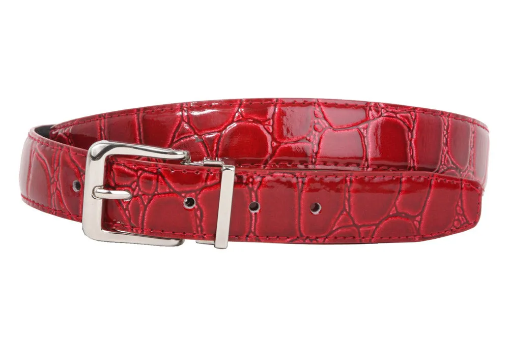 1 1/8 Inch Clamp On Single Loop Silver One Size Fits All Feather Edged Faux Alligator Grain Croco Print Patent Leather Belt