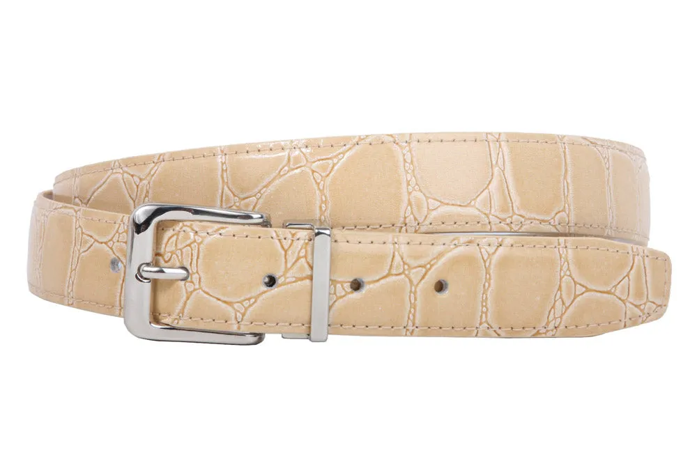 1 1/8 Inch Clamp On Single Loop Silver One Size Fits All Feather Edged Faux Alligator Grain Croco Print Patent Leather Belt