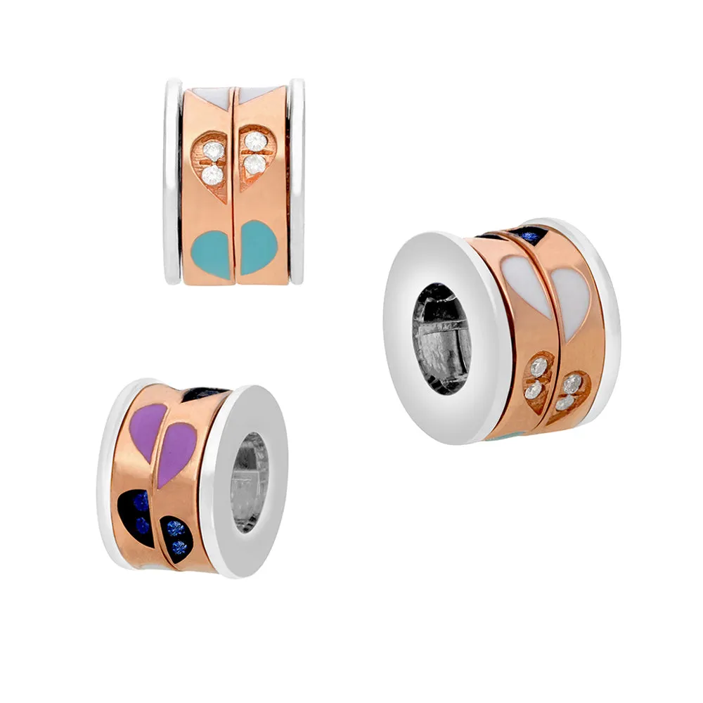 14k White Gold/Rose Gold Diamond & Blue Sapphire Enamel Moveable Roundel Bead / Rondelle Bead 10mm