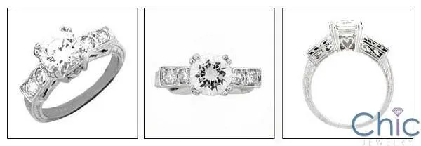 1.5 Round Center Engraved Shank Cubic Zirconia Engagement Ring 14k White Gold