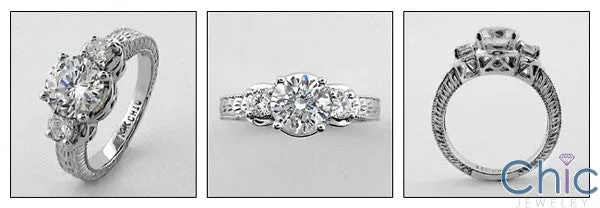 3 Stone Cubic Zirconia Ring 1.5 Round Center .25 Round  Sides Engraved Shank 14k White Gold
