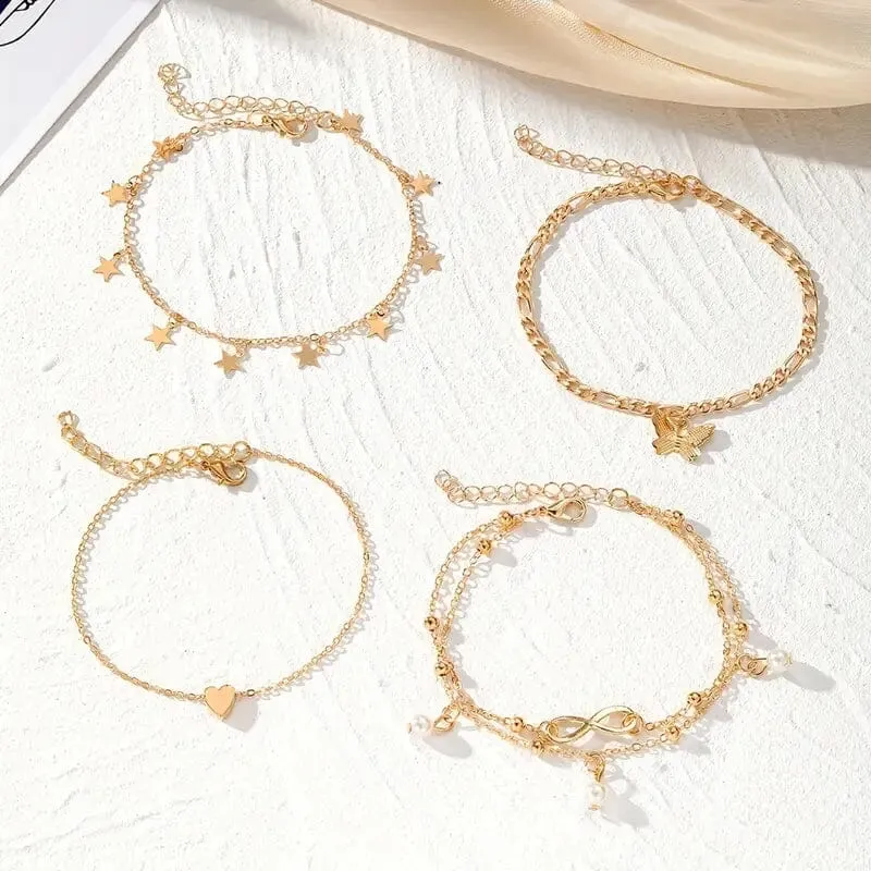 4-Pieces: Stackable Thin Chain Anklet Set
