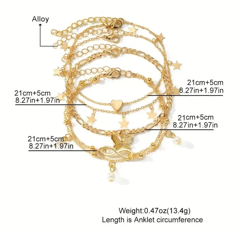 4-Pieces: Stackable Thin Chain Anklet Set