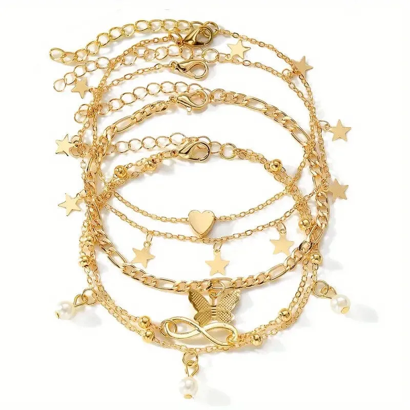 4-Pieces: Stackable Thin Chain Anklet Set