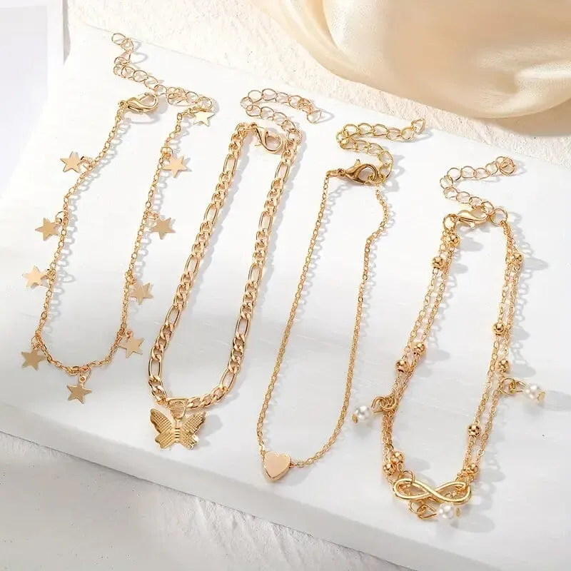 4-Pieces: Stackable Thin Chain Anklet Set