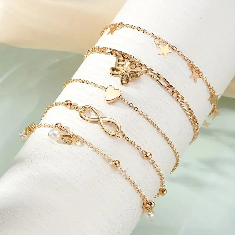 4-Pieces: Stackable Thin Chain Anklet Set