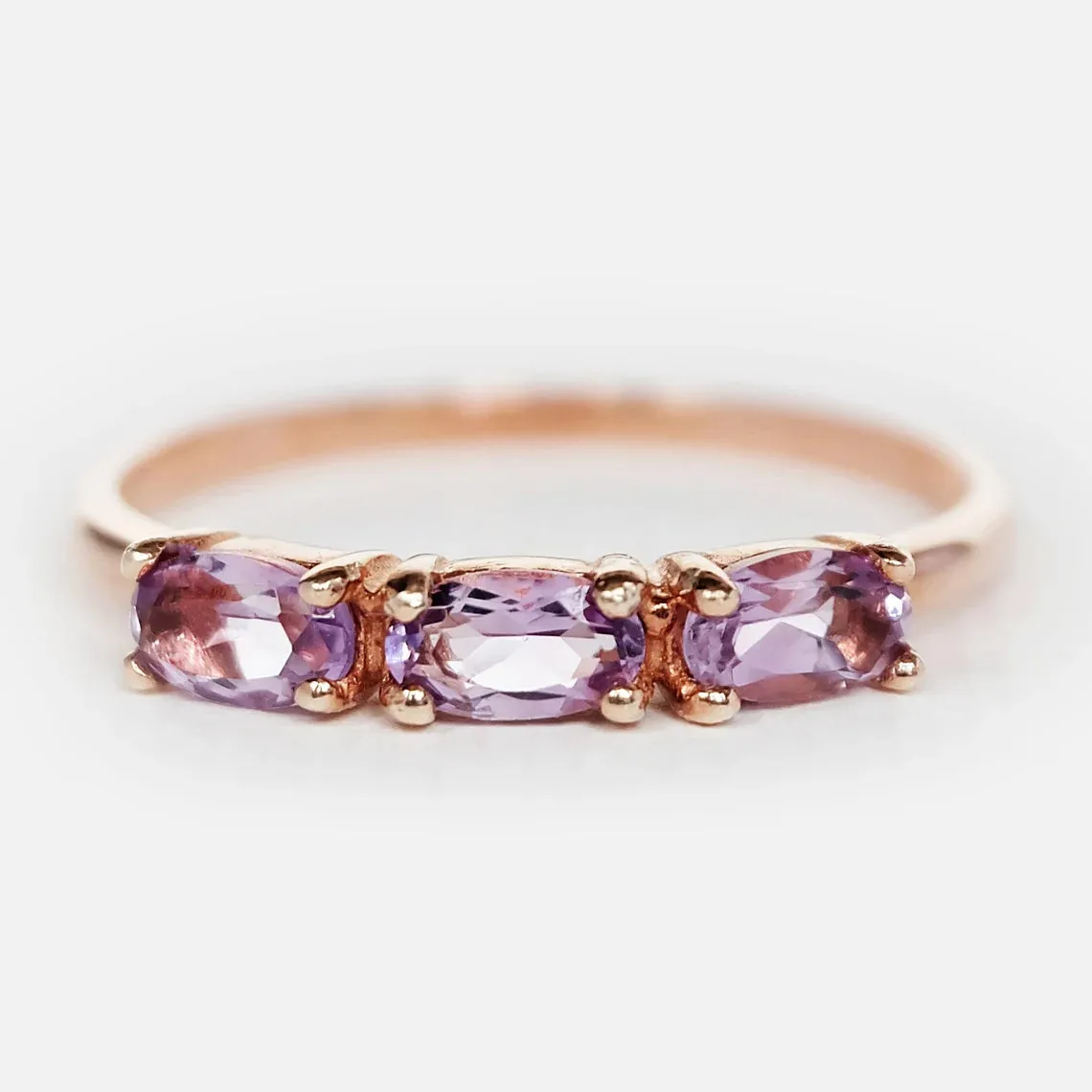 Amethyst Oval Cut Three Stone Ring - 14k Rose Gold Vermeil  Ring