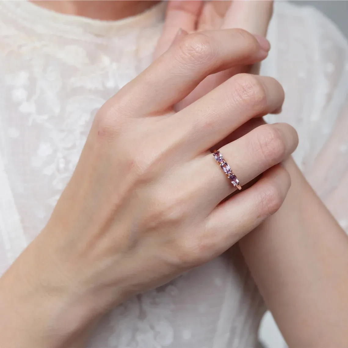 Amethyst Oval Cut Three Stone Ring - 14k Rose Gold Vermeil  Ring
