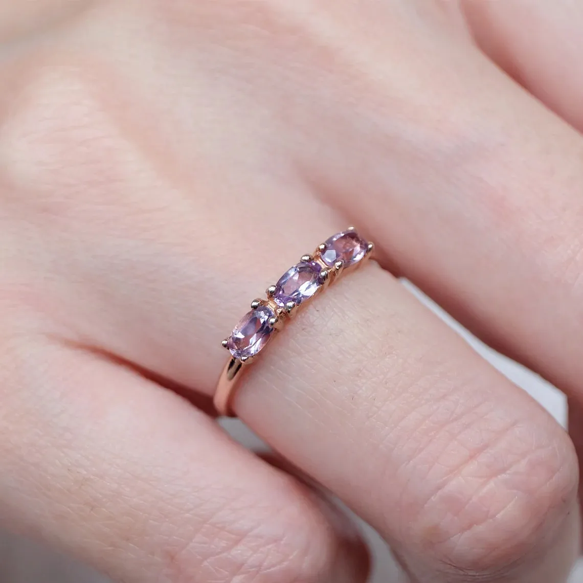 Amethyst Oval Cut Three Stone Ring - 14k Rose Gold Vermeil  Ring