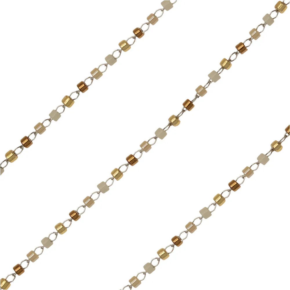 Beaded Chain, Cylinder Seed Beads 2x1mm, Stainless Steel/Multi-Colored Beads, (1 inch)