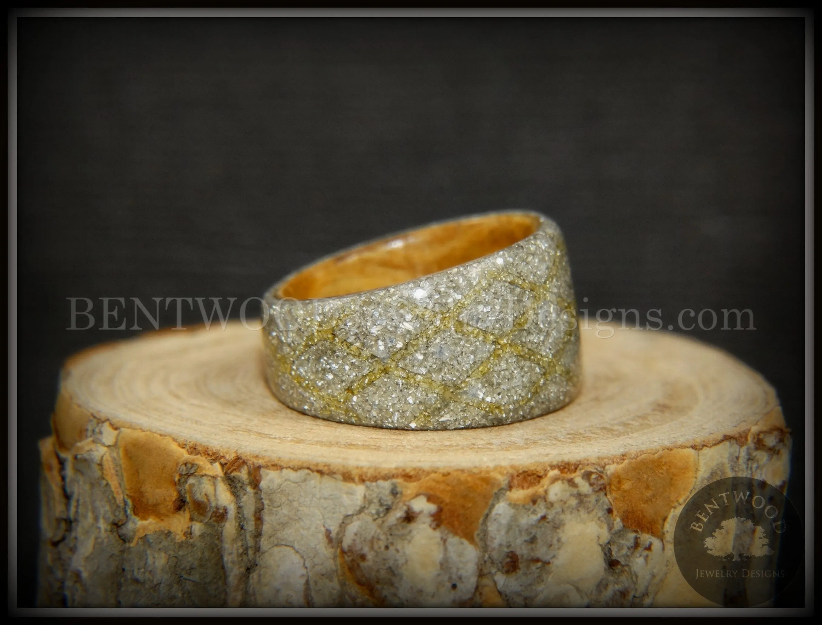 Bentwood Ring - "The Gold Diamond Waffle Wedge" Bethlehem Olivewood and German silver and gold glass inlay