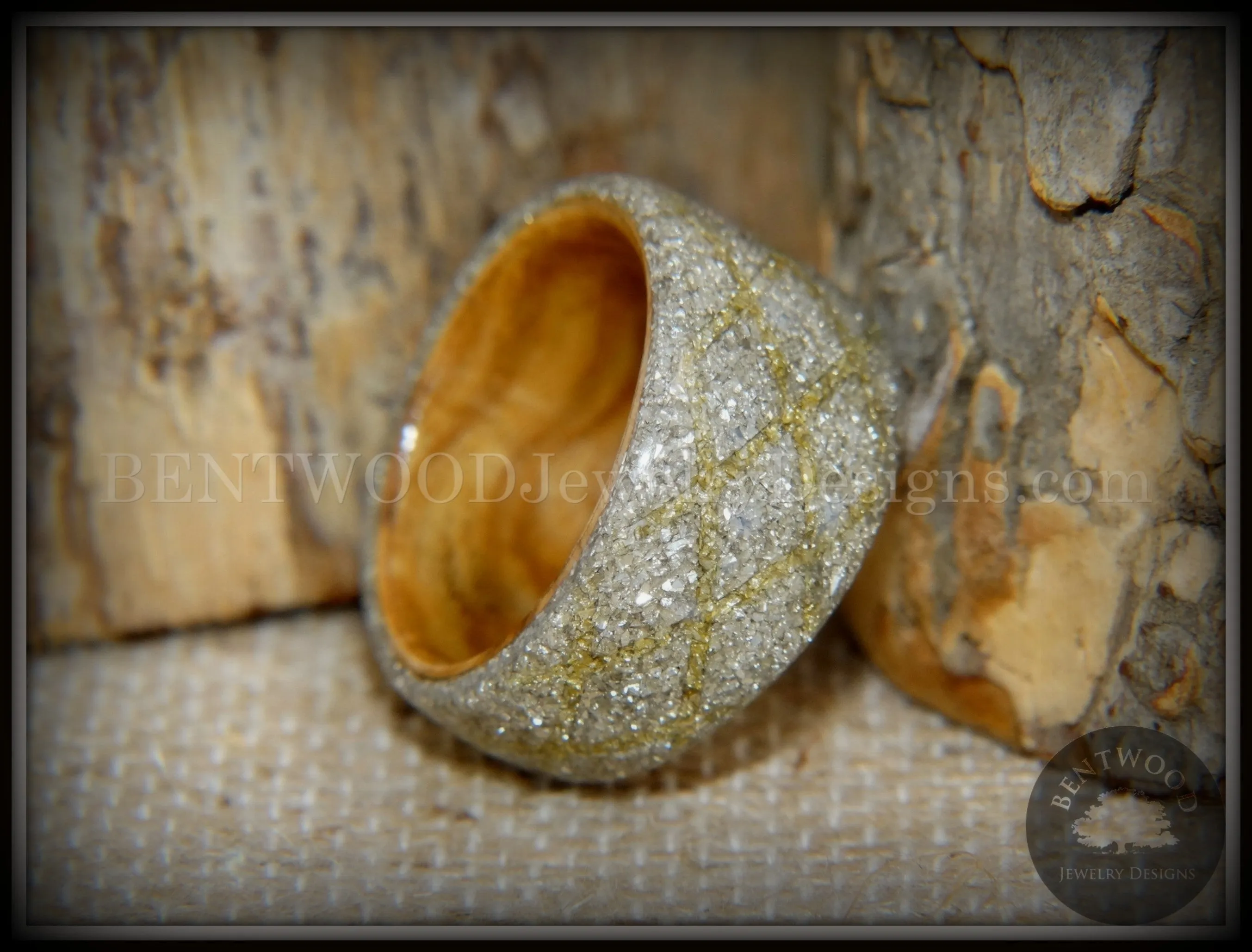Bentwood Ring - "The Gold Diamond Waffle Wedge" Bethlehem Olivewood and German silver and gold glass inlay