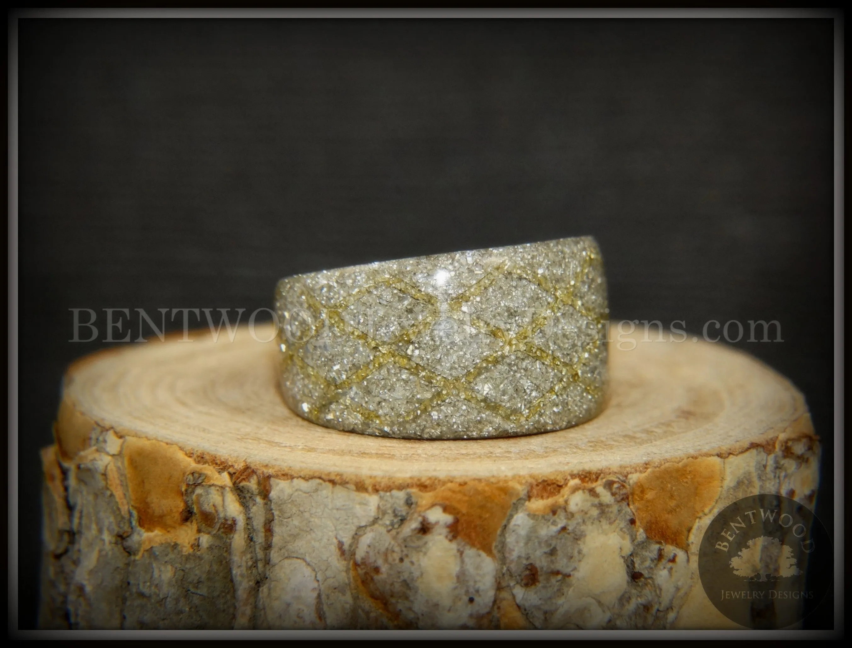 Bentwood Ring - "The Gold Diamond Waffle Wedge" Bethlehem Olivewood and German silver and gold glass inlay