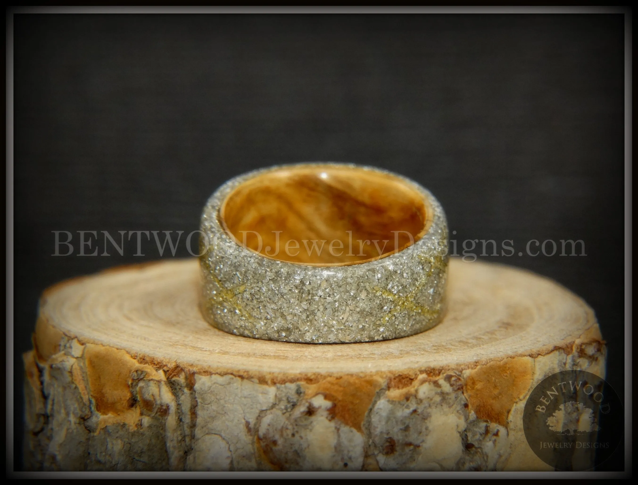 Bentwood Ring - "The Gold Diamond Waffle Wedge" Bethlehem Olivewood and German silver and gold glass inlay