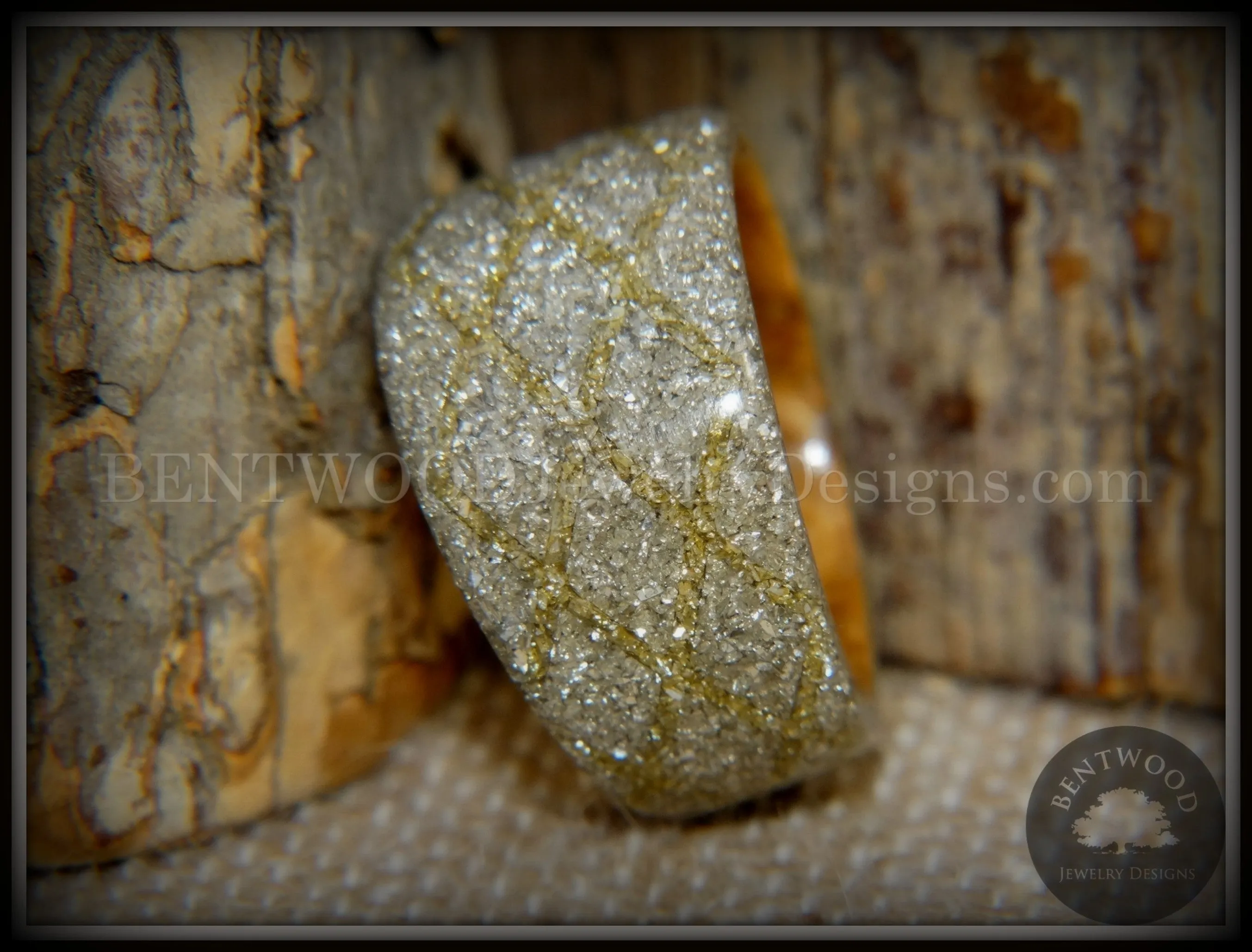 Bentwood Ring - "The Gold Diamond Waffle Wedge" Bethlehem Olivewood and German silver and gold glass inlay