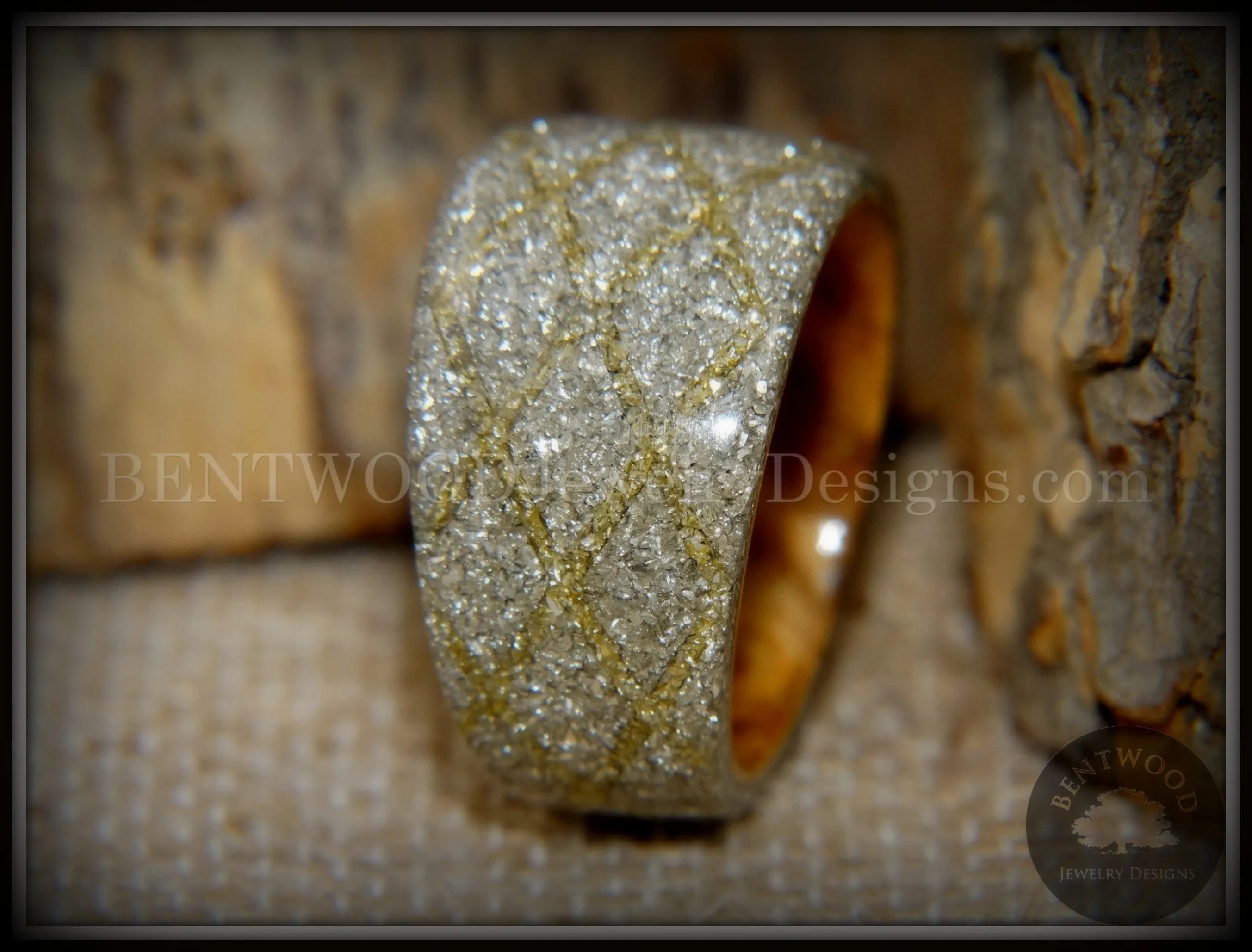 Bentwood Ring - "The Gold Diamond Waffle Wedge" Bethlehem Olivewood and German silver and gold glass inlay
