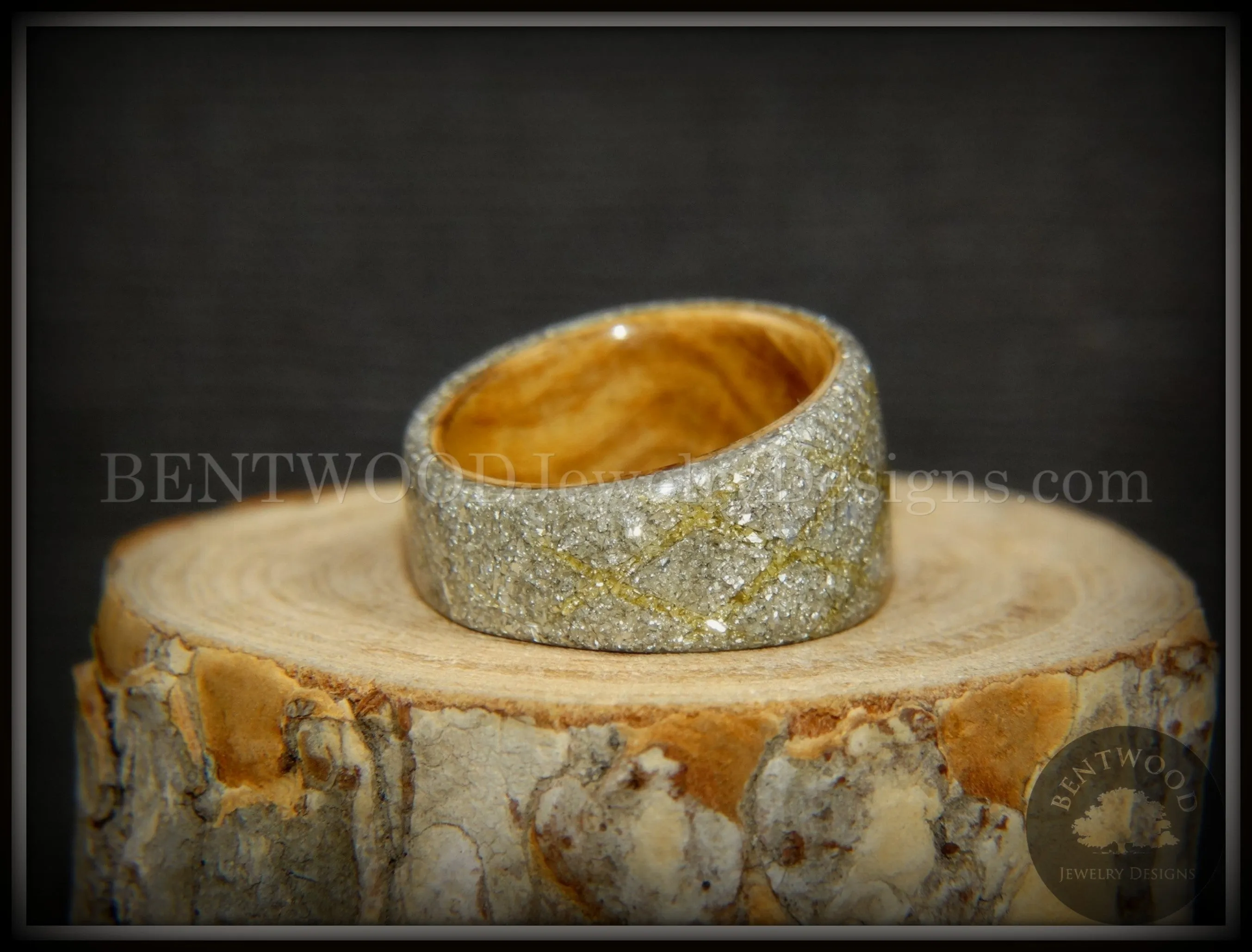 Bentwood Ring - "The Gold Diamond Waffle Wedge" Bethlehem Olivewood and German silver and gold glass inlay
