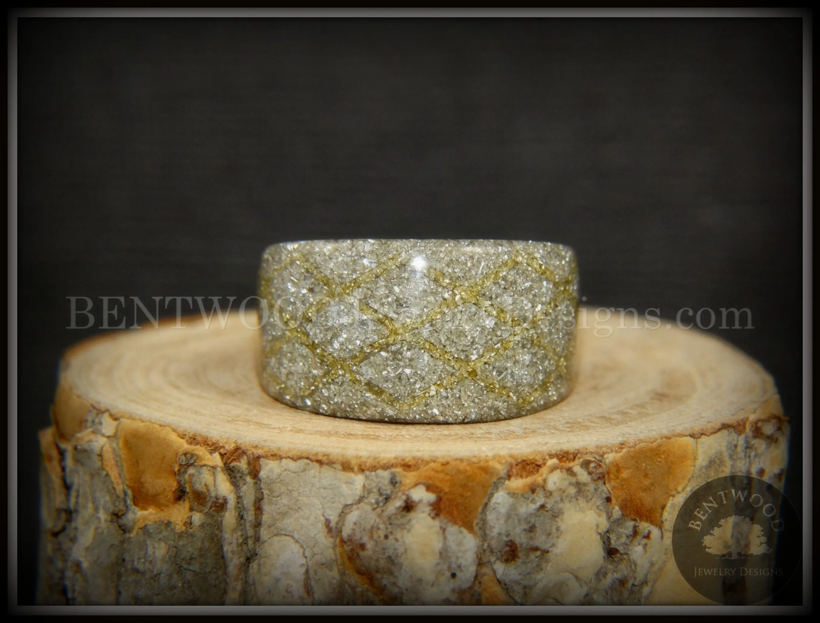 Bentwood Ring - "The Gold Diamond Waffle Wedge" Bethlehem Olivewood and German silver and gold glass inlay