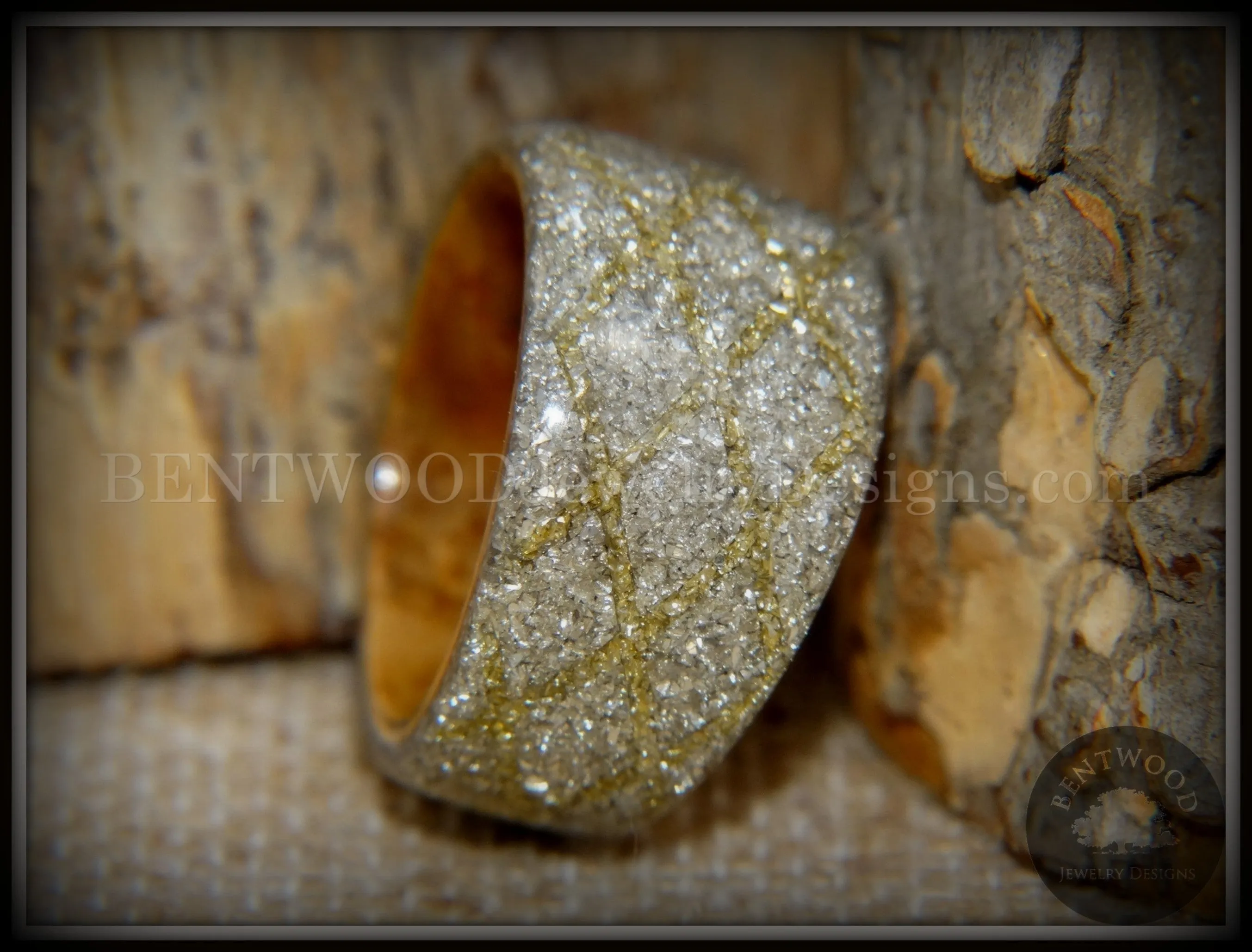 Bentwood Ring - "The Gold Diamond Waffle Wedge" Bethlehem Olivewood and German silver and gold glass inlay