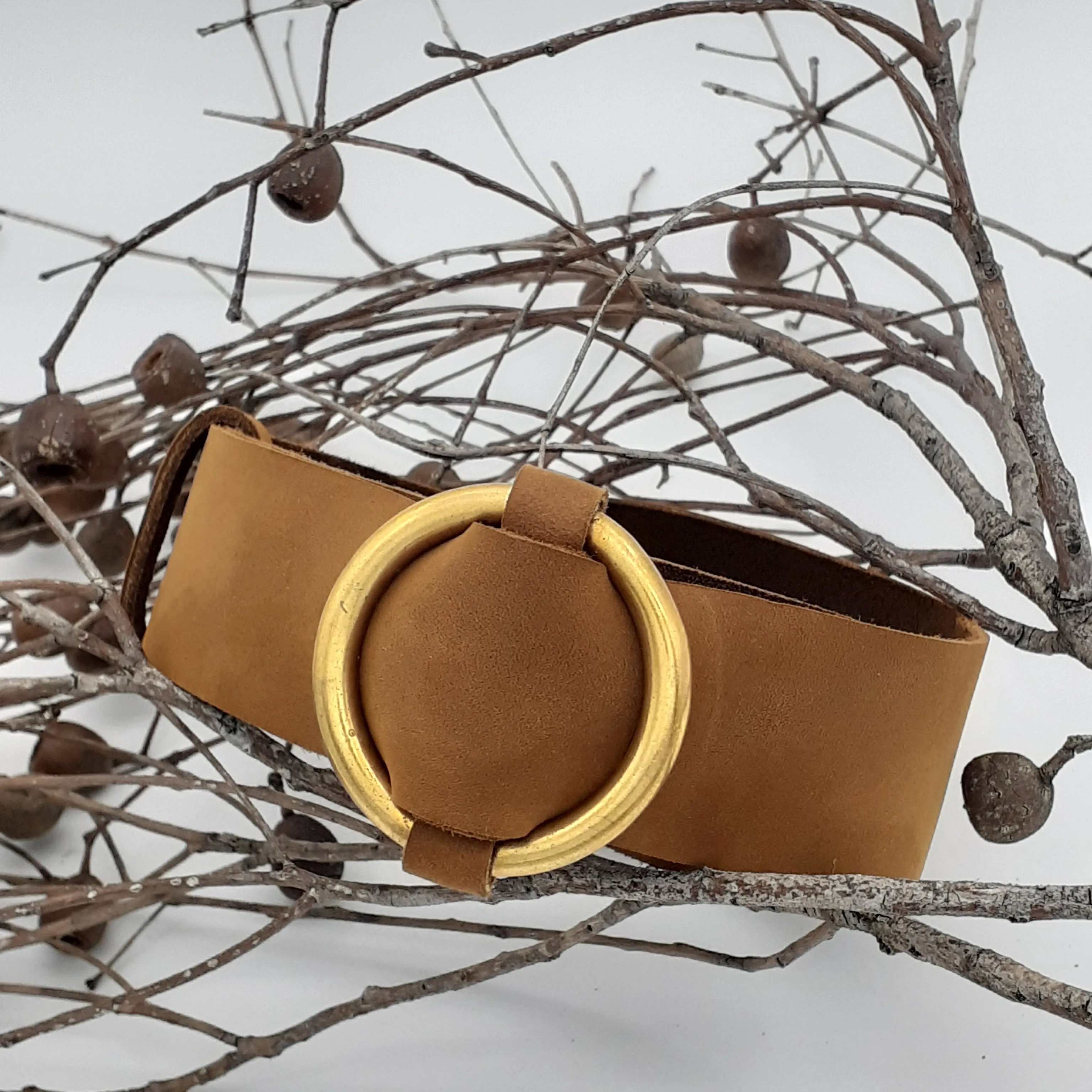 Brass Ring Buckle Tan Belt