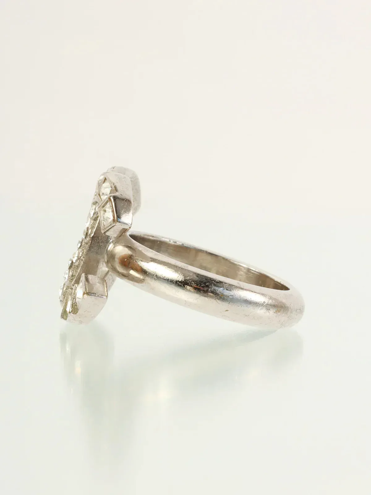 CHANEL 2014 Made Rhinestone Cc Mark Ring Silver