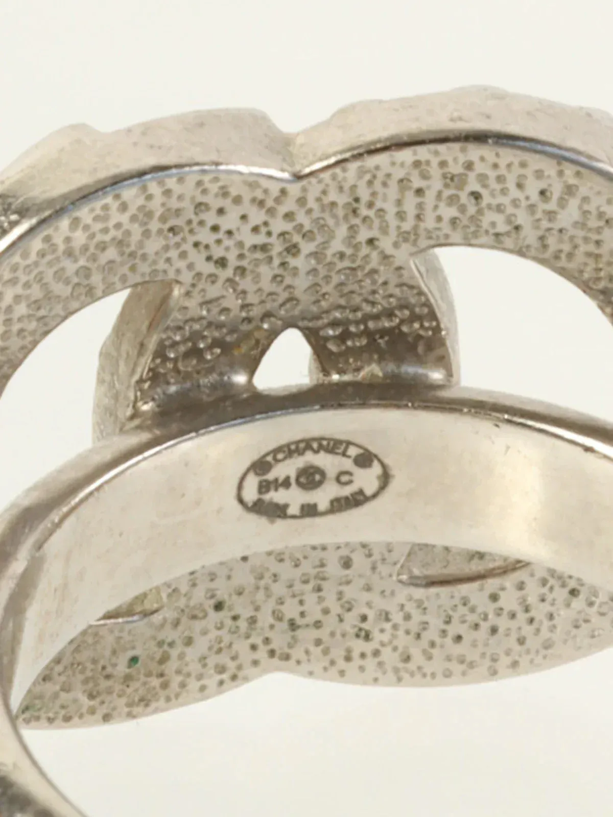 CHANEL 2014 Made Rhinestone Cc Mark Ring Silver