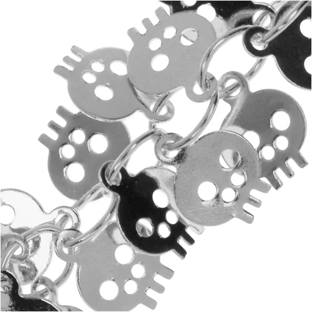 Charm Chain, 7mm Skull Shaped Dangle Charm, Silver Tone Plated (1 inch)