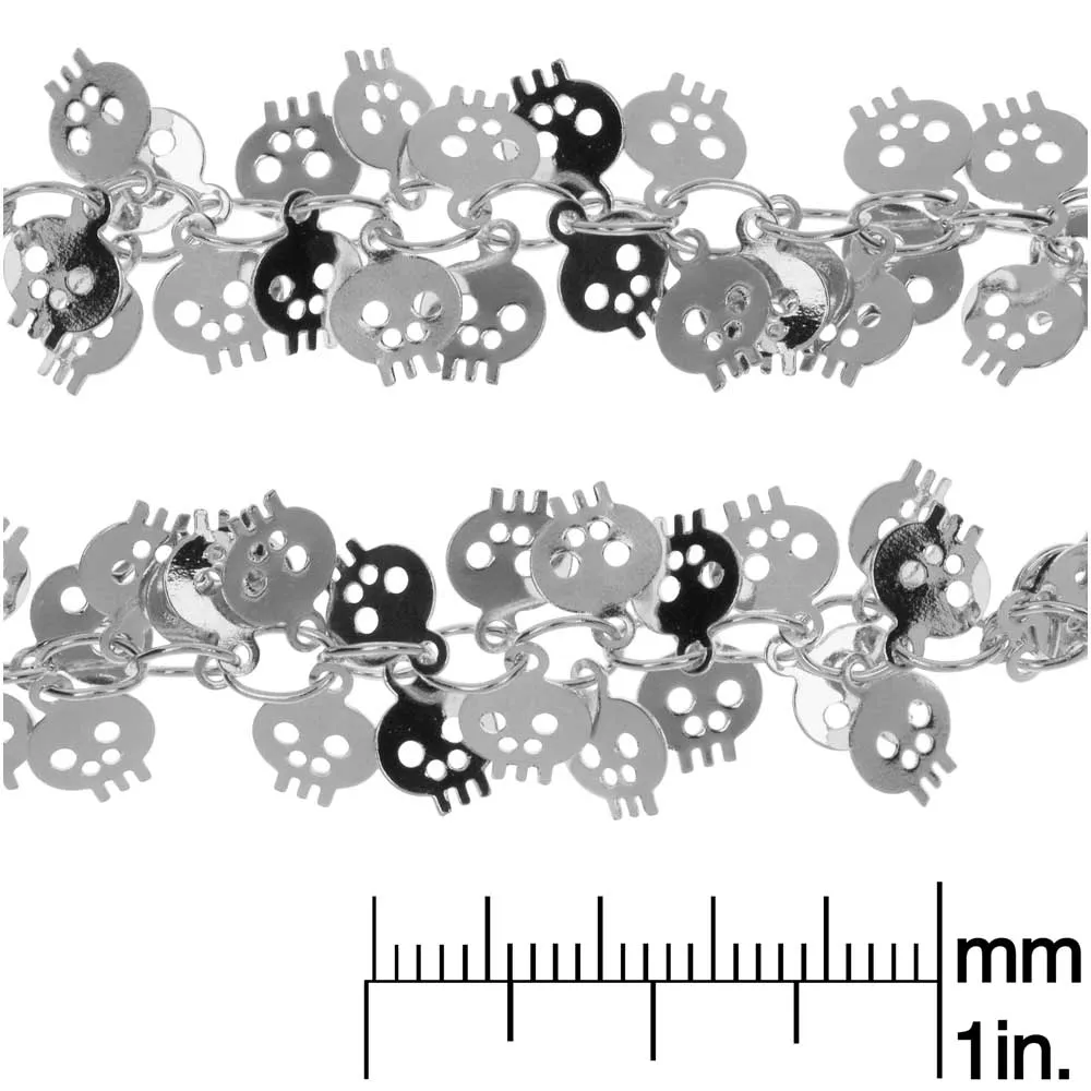 Charm Chain, 7mm Skull Shaped Dangle Charm, Silver Tone Plated (1 inch)