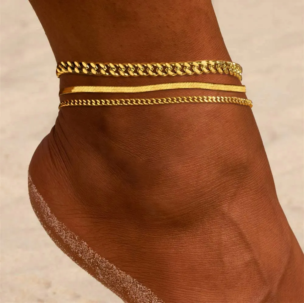 DEARMAY Gold Anklets for Women 14K Gold Ankle Bracelets for Women Waterproof Cuban Link Anklets Set Layered Anklet Bracelets for Women Anklet for Women Gold Jewelry Gift