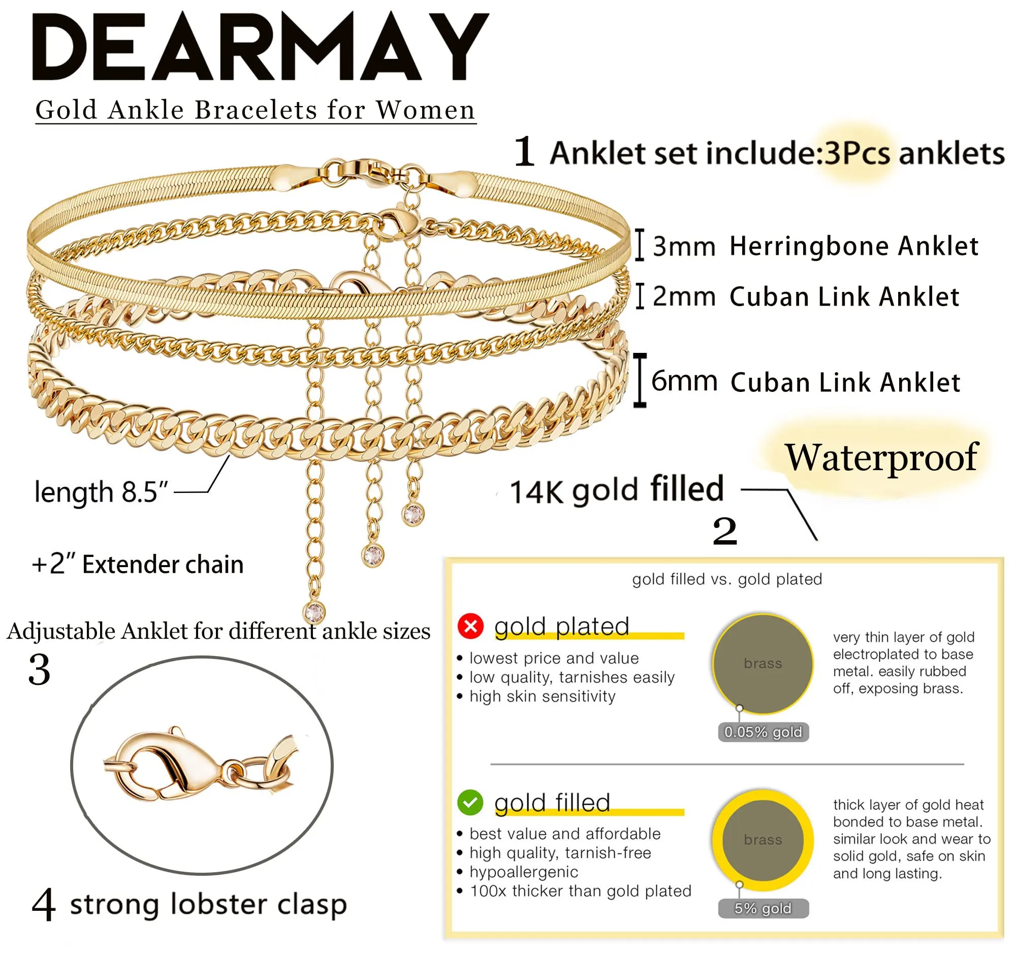 DEARMAY Gold Anklets for Women 14K Gold Ankle Bracelets for Women Waterproof Cuban Link Anklets Set Layered Anklet Bracelets for Women Anklet for Women Gold Jewelry Gift