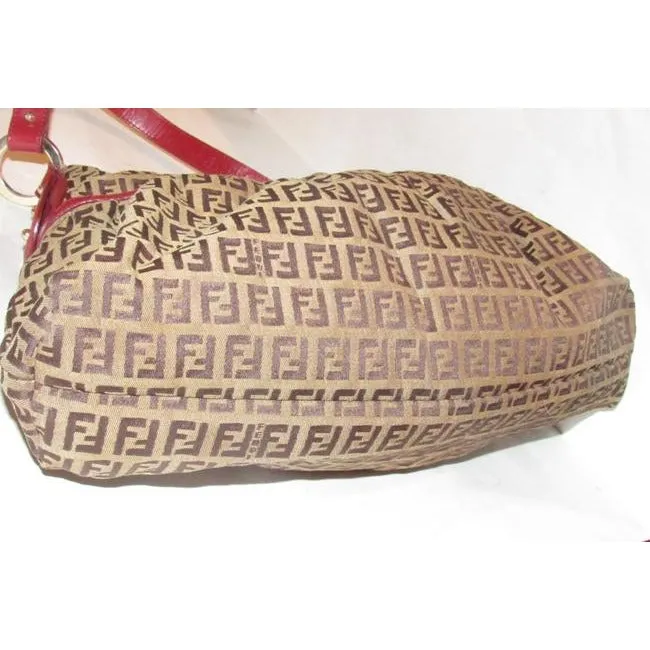 Fendi Chef Shoulder Purse Brown Zucchino Or Small F Logo Print On Tan Canvas And Red Leather Hobo Ba