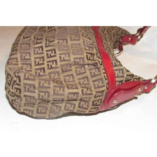 Fendi Chef Shoulder Purse Brown Zucchino Or Small F Logo Print On Tan Canvas And Red Leather Hobo Ba