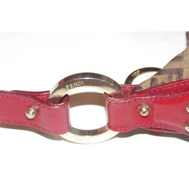 Fendi Chef Shoulder Purse Brown Zucchino Or Small F Logo Print On Tan Canvas And Red Leather Hobo Ba