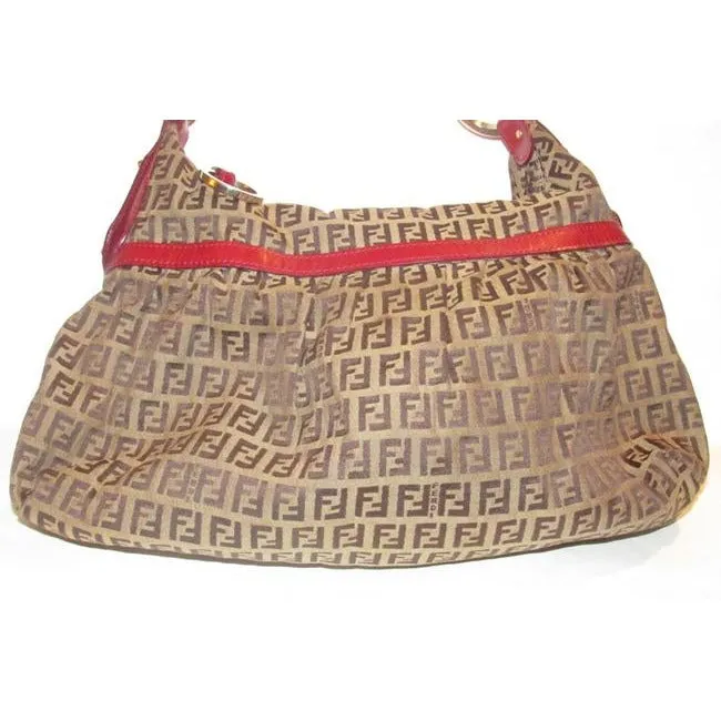 Fendi Chef Shoulder Purse Brown Zucchino Or Small F Logo Print On Tan Canvas And Red Leather Hobo Ba