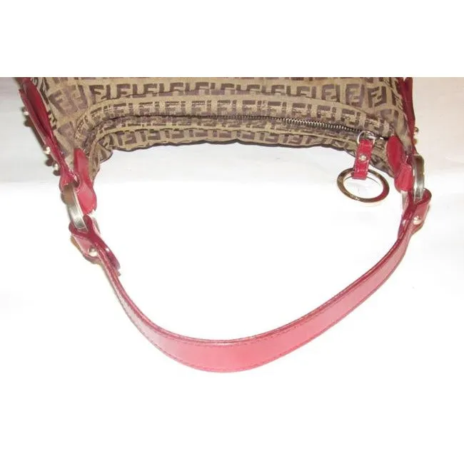 Fendi Chef Shoulder Purse Brown Zucchino Or Small F Logo Print On Tan Canvas And Red Leather Hobo Ba