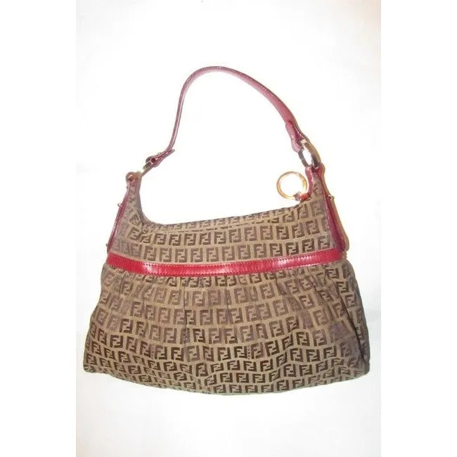 Fendi Chef Shoulder Purse Brown Zucchino Or Small F Logo Print On Tan Canvas And Red Leather Hobo Ba