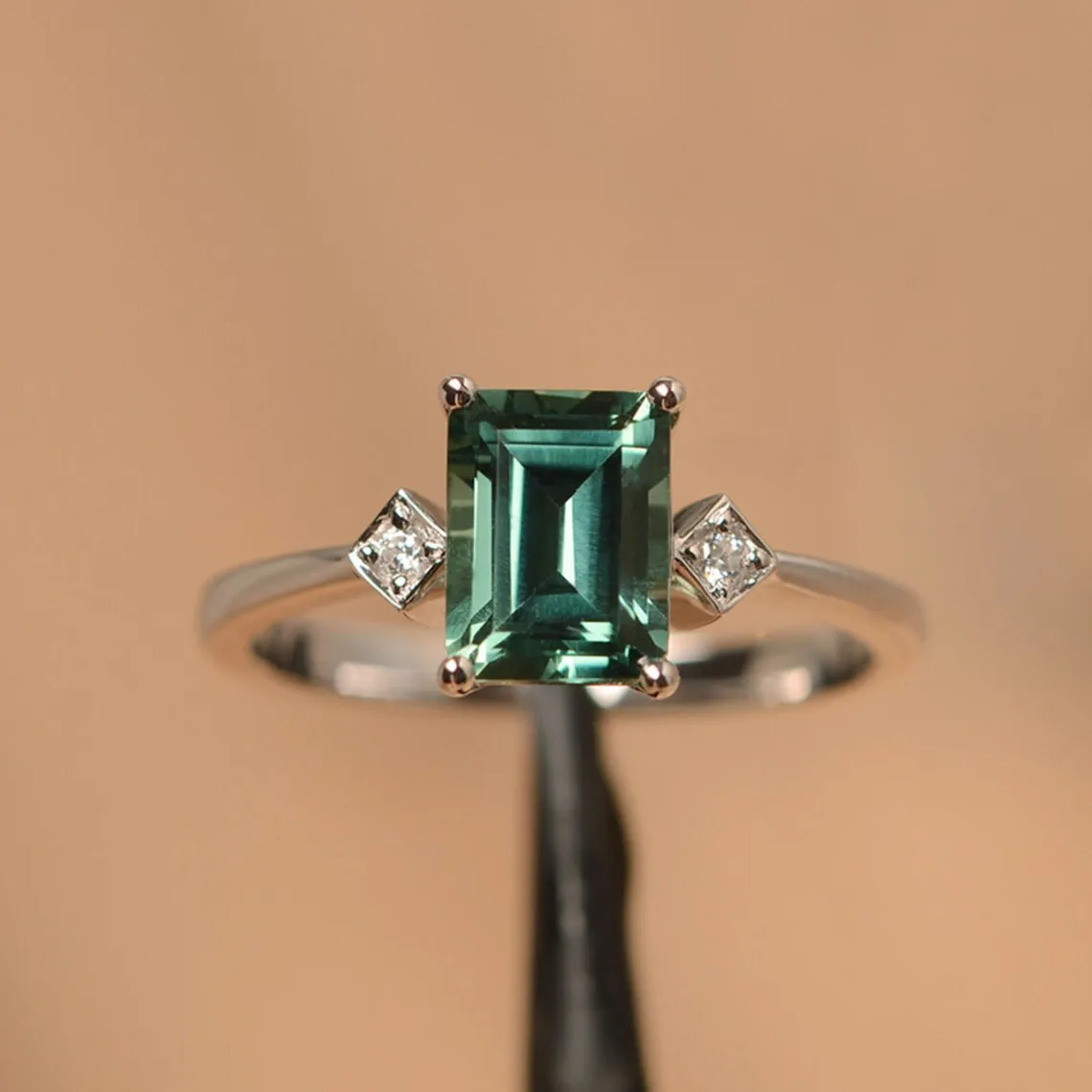 Green Sapphire Simple Promise Ring - 925 Sterling Silver Ring