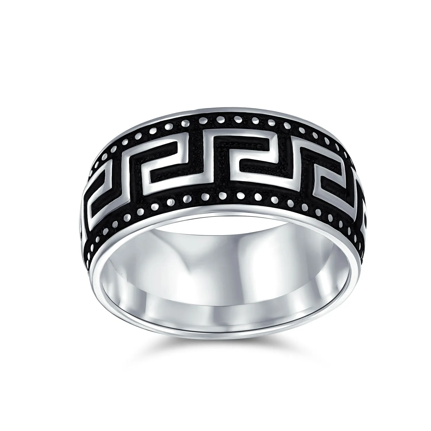 Mens Silver Ring with Geometric Greek Key Design Black & Silver Two-Tone Band