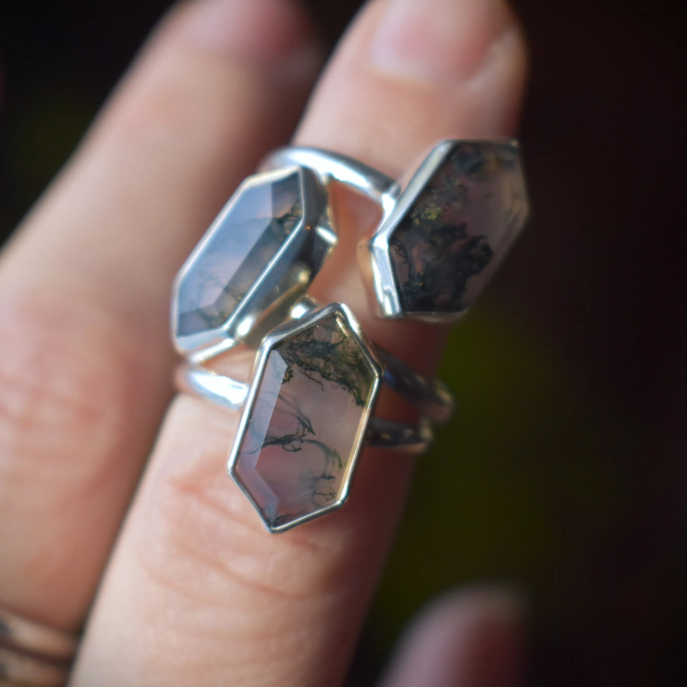 Moss Agate Hexagon Rings