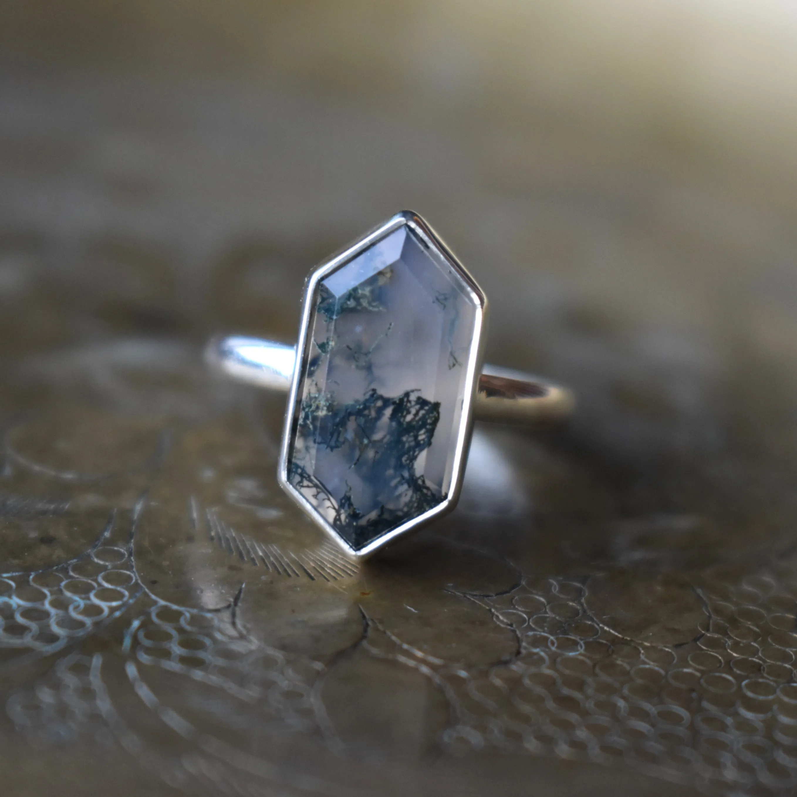 Moss Agate Hexagon Rings