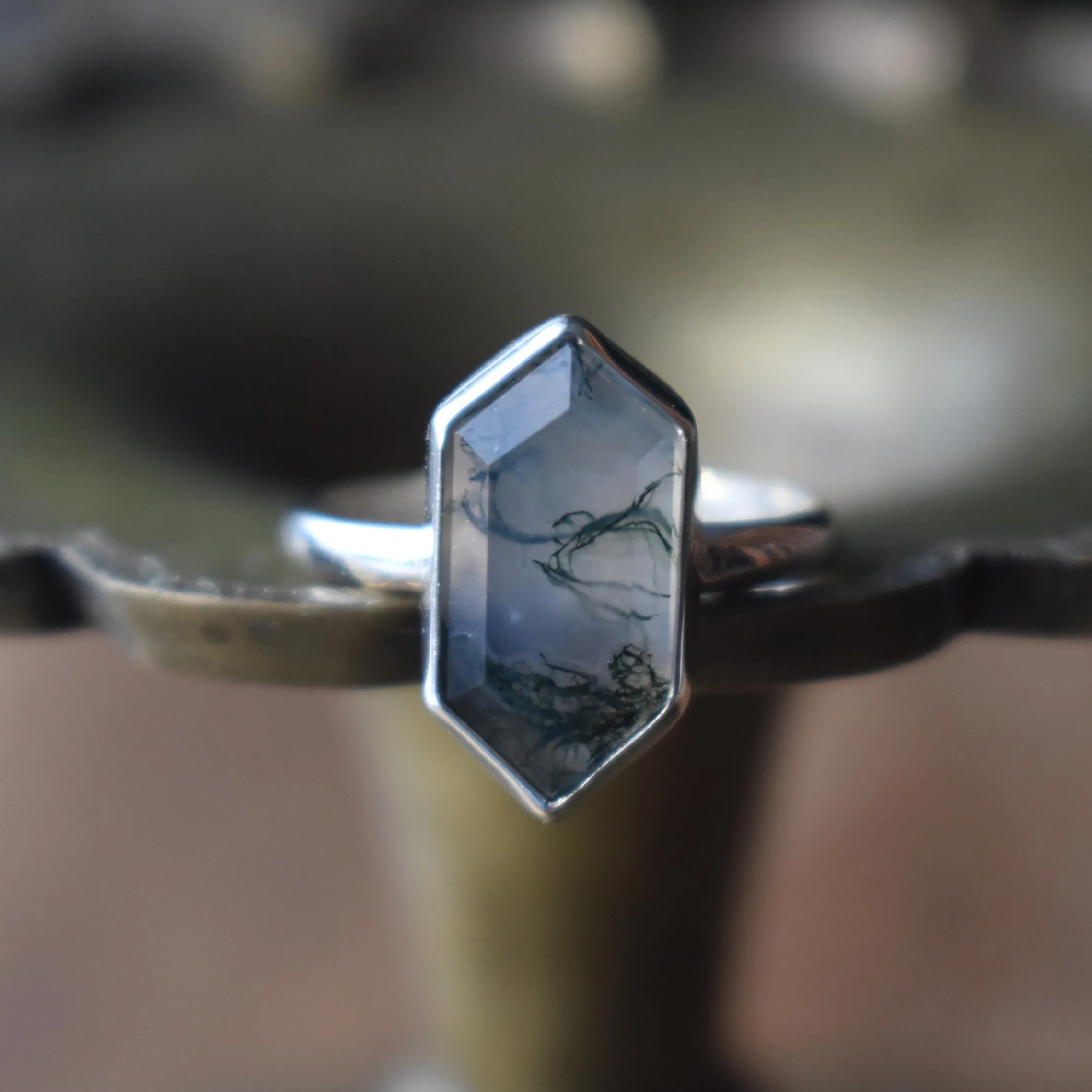 Moss Agate Hexagon Rings