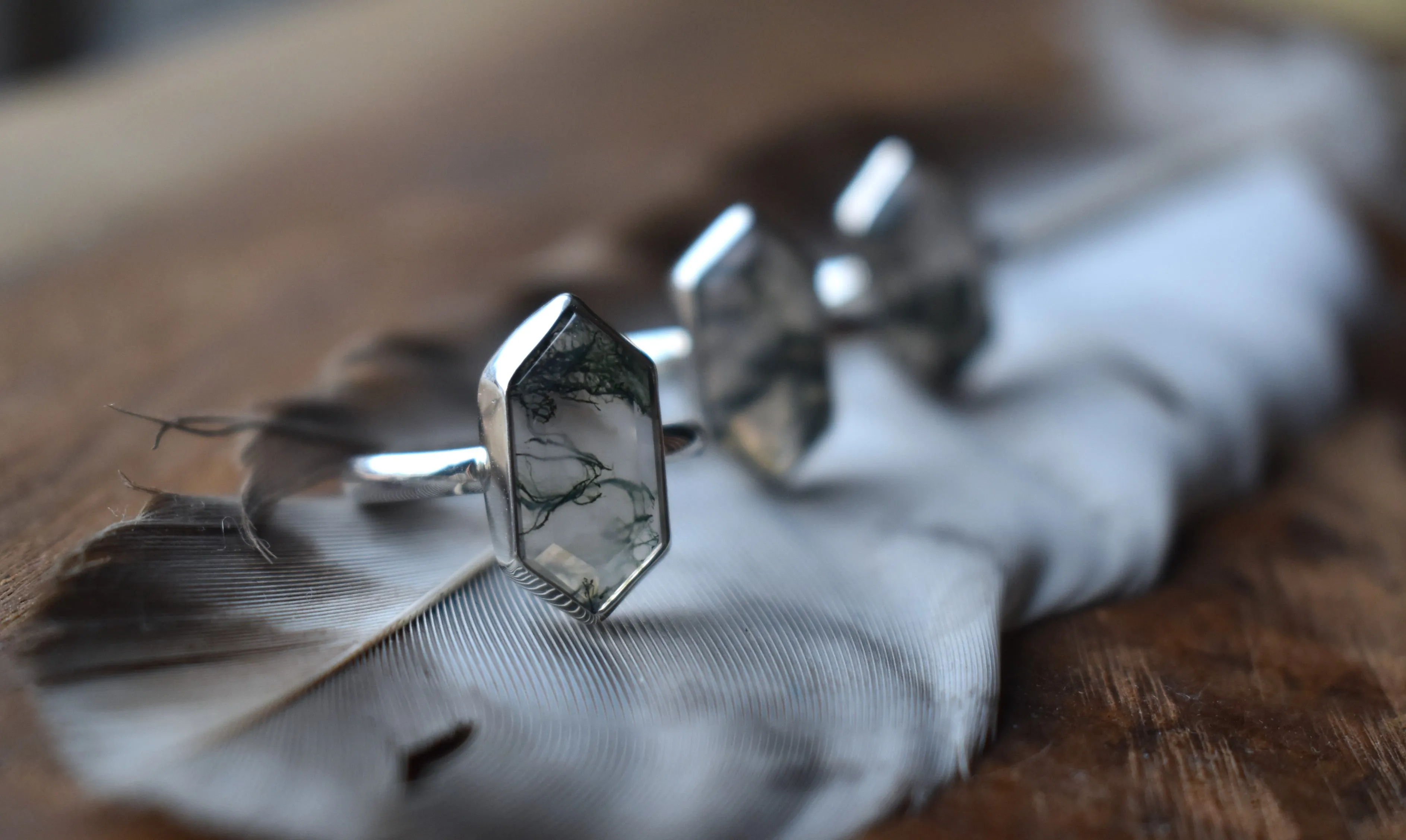Moss Agate Hexagon Rings
