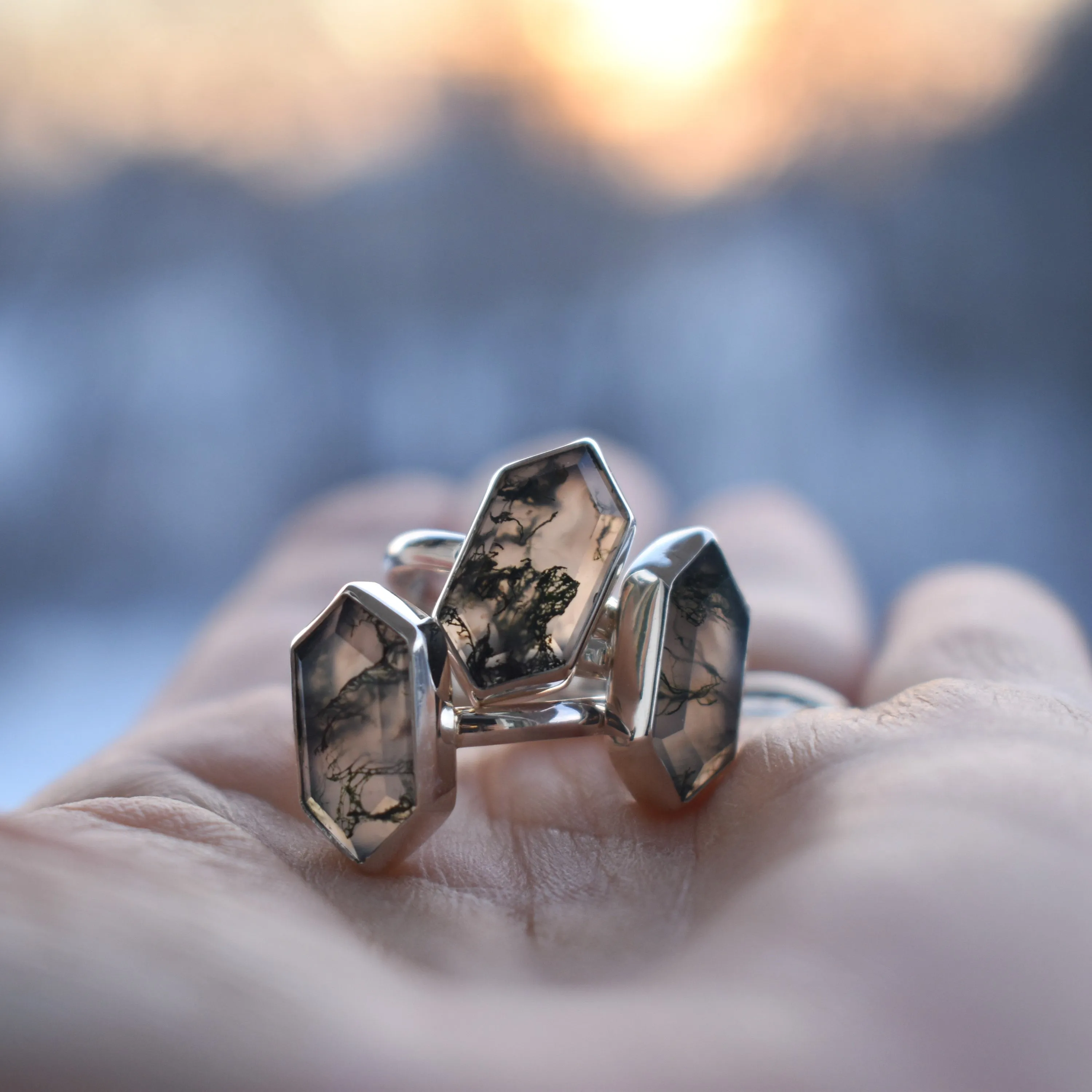 Moss Agate Hexagon Rings