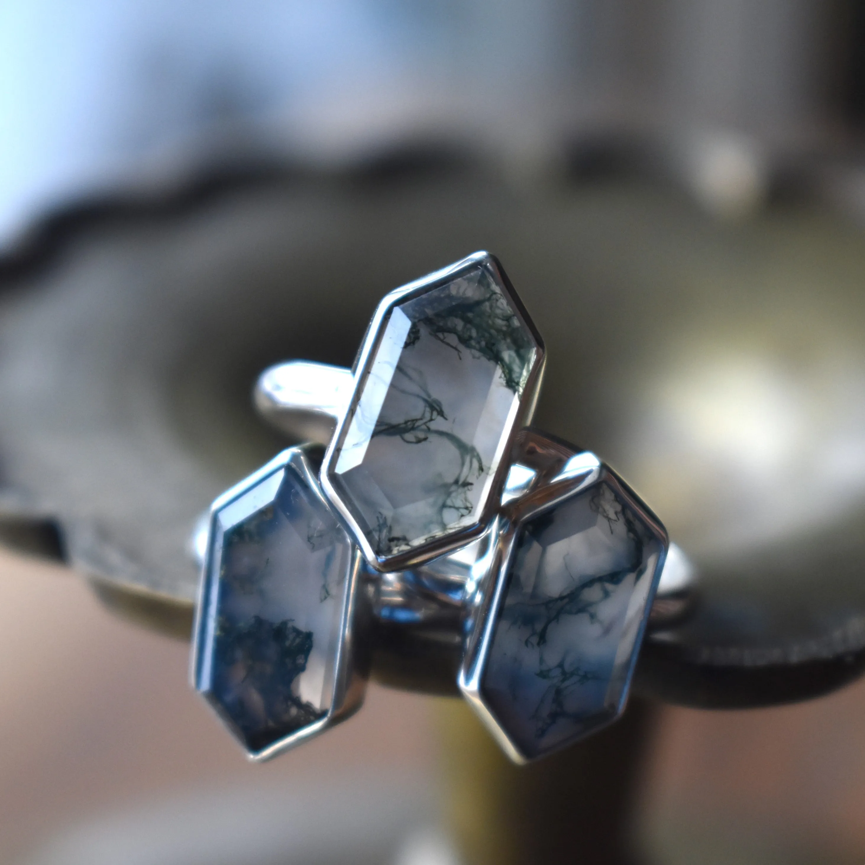 Moss Agate Hexagon Rings
