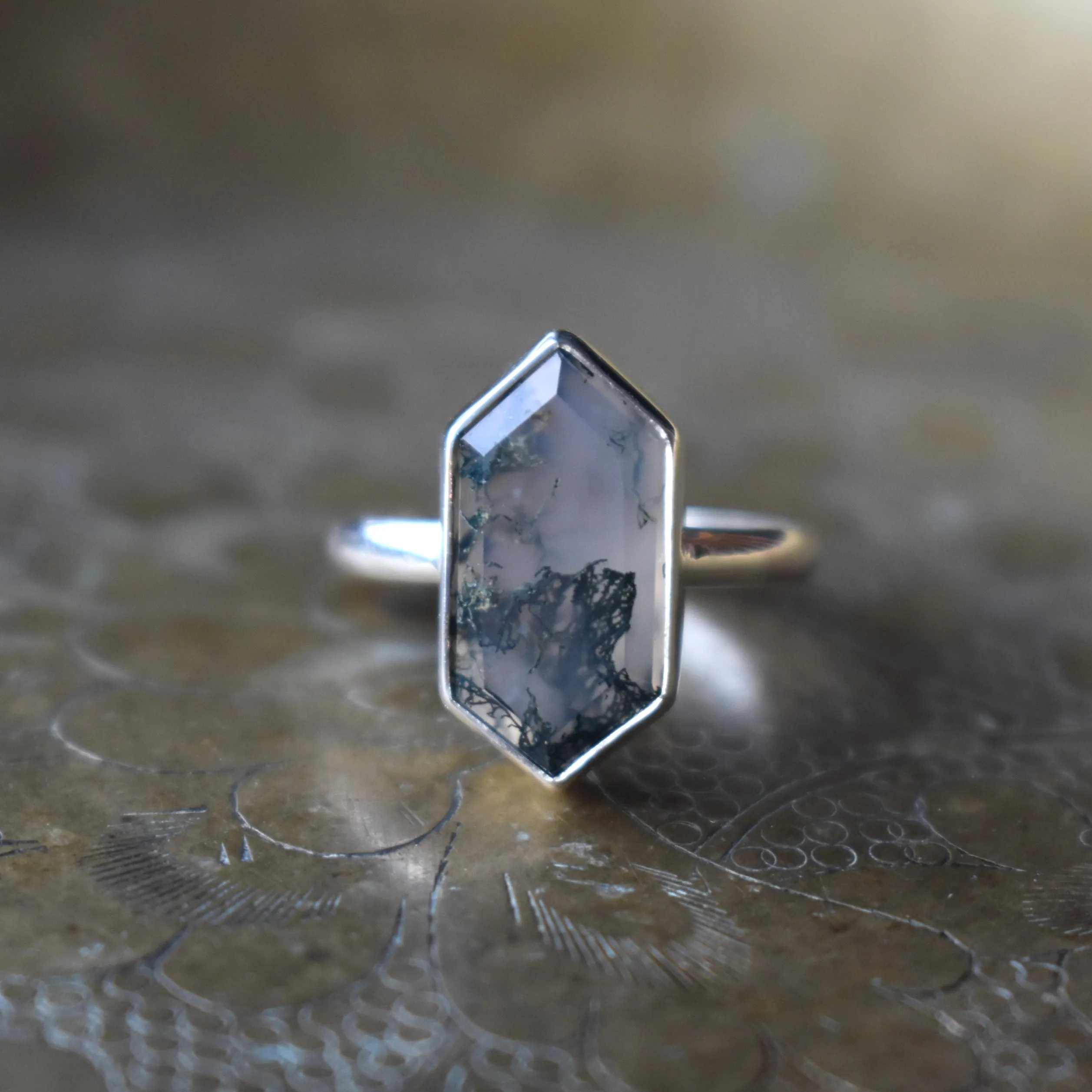 Moss Agate Hexagon Rings