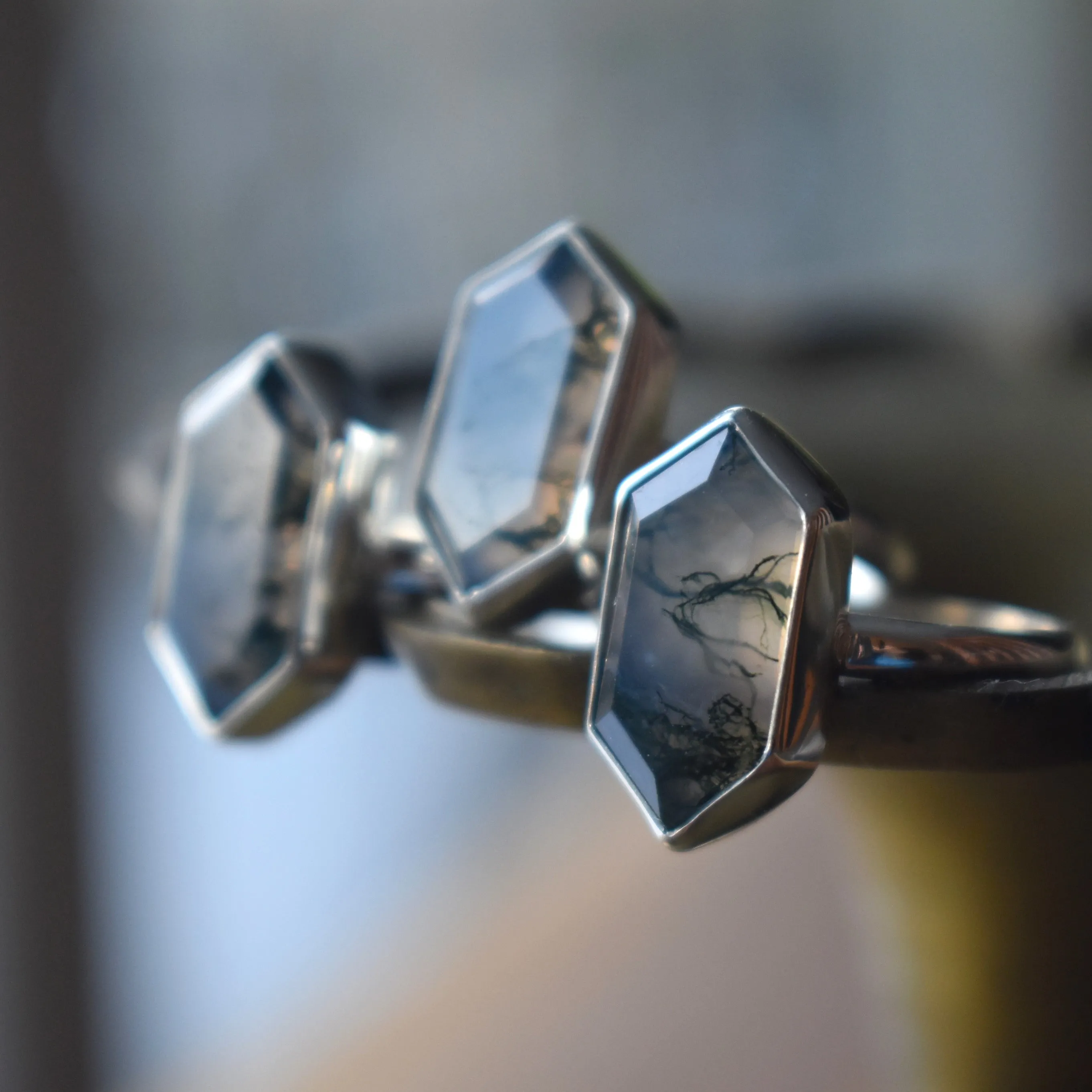 Moss Agate Hexagon Rings
