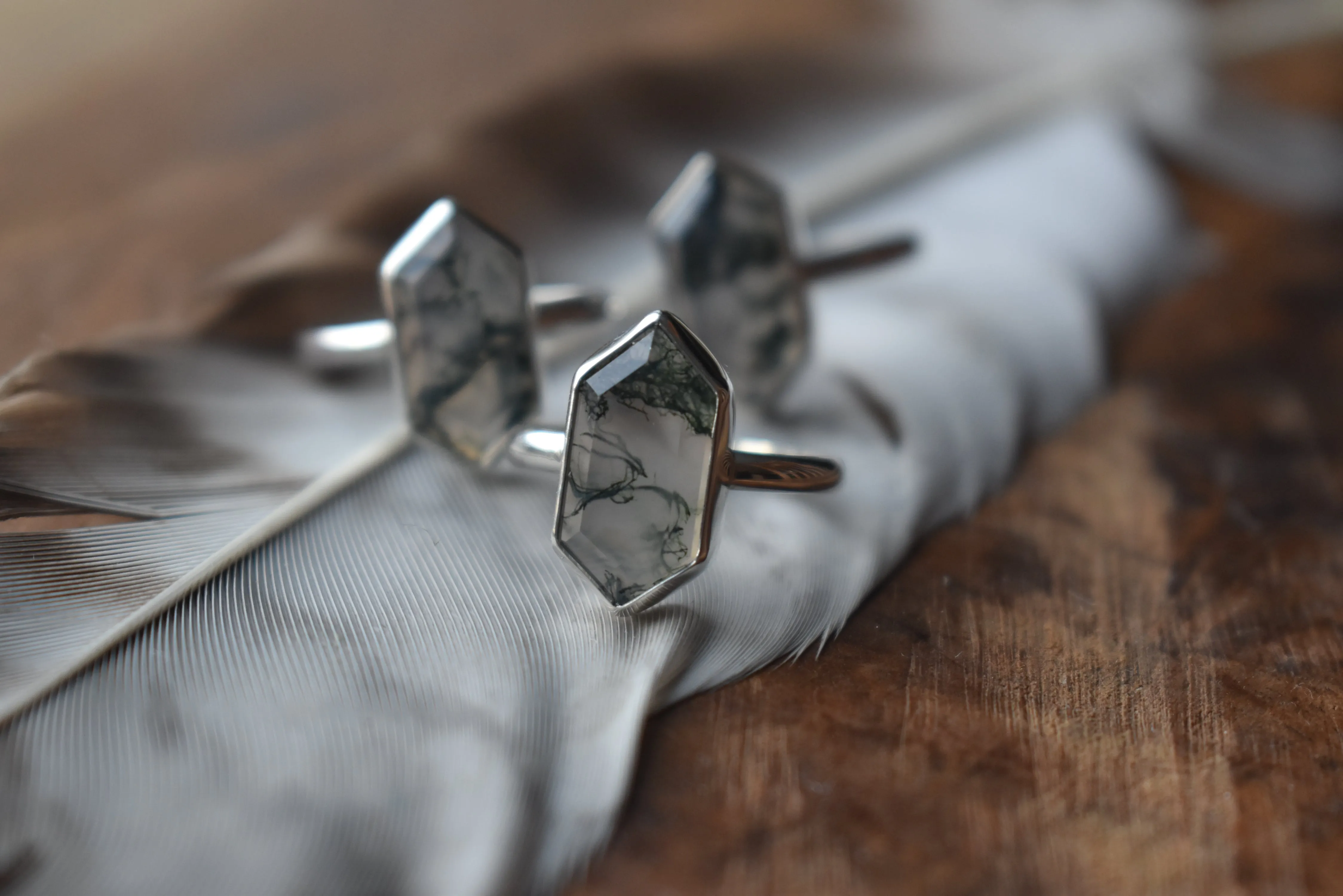 Moss Agate Hexagon Rings