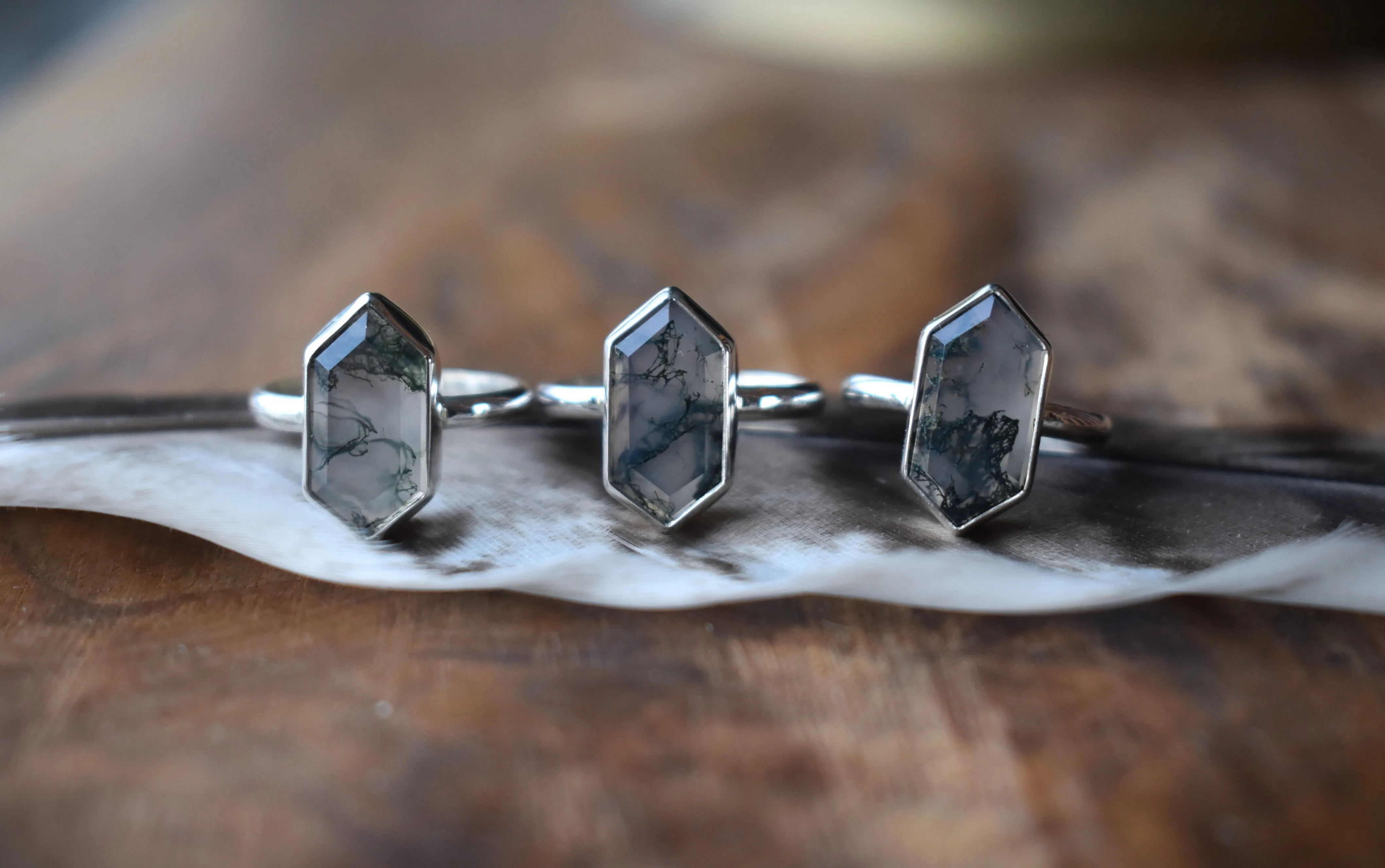 Moss Agate Hexagon Rings