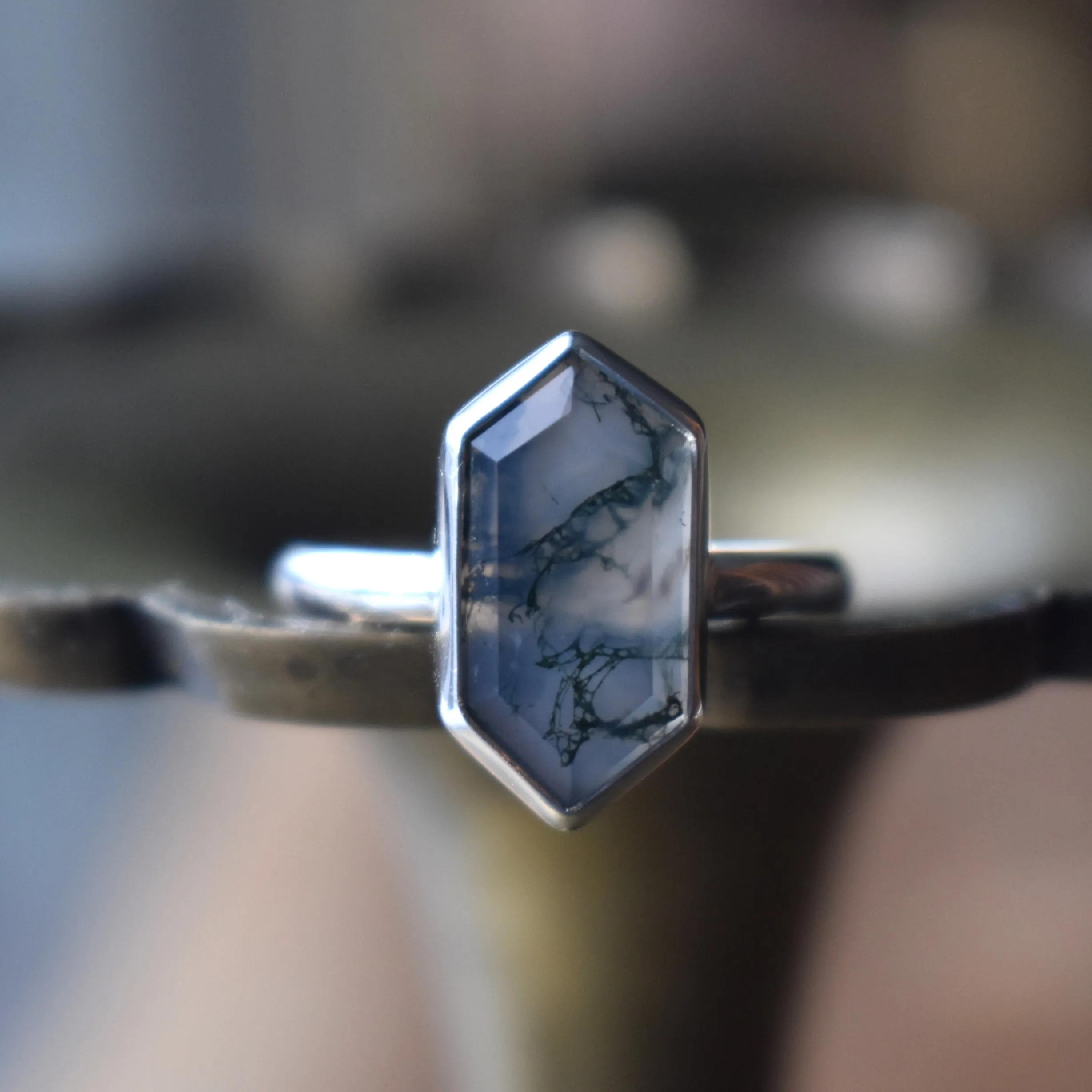 Moss Agate Hexagon Rings