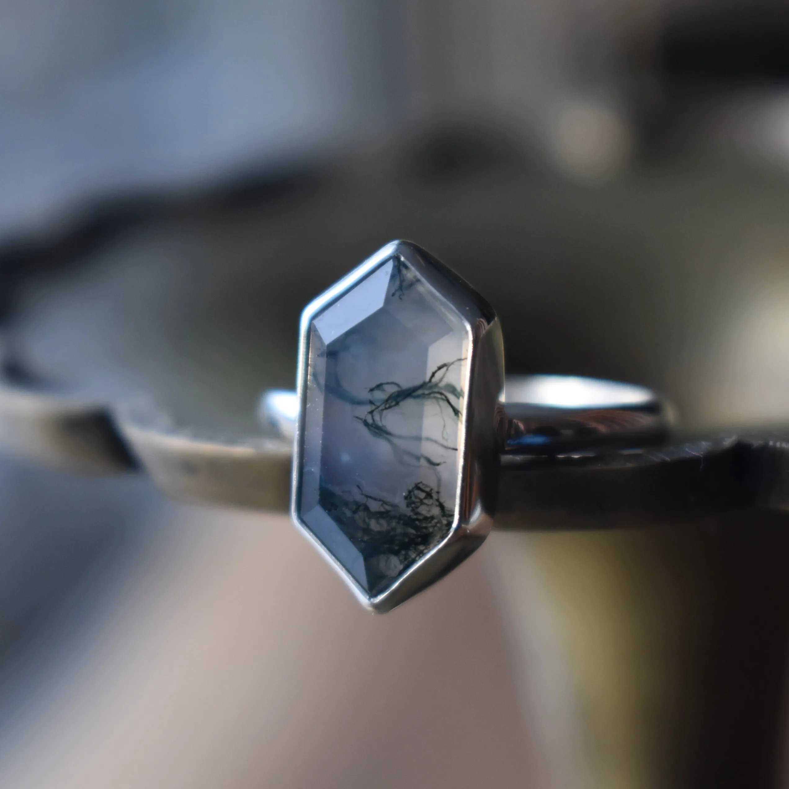 Moss Agate Hexagon Rings